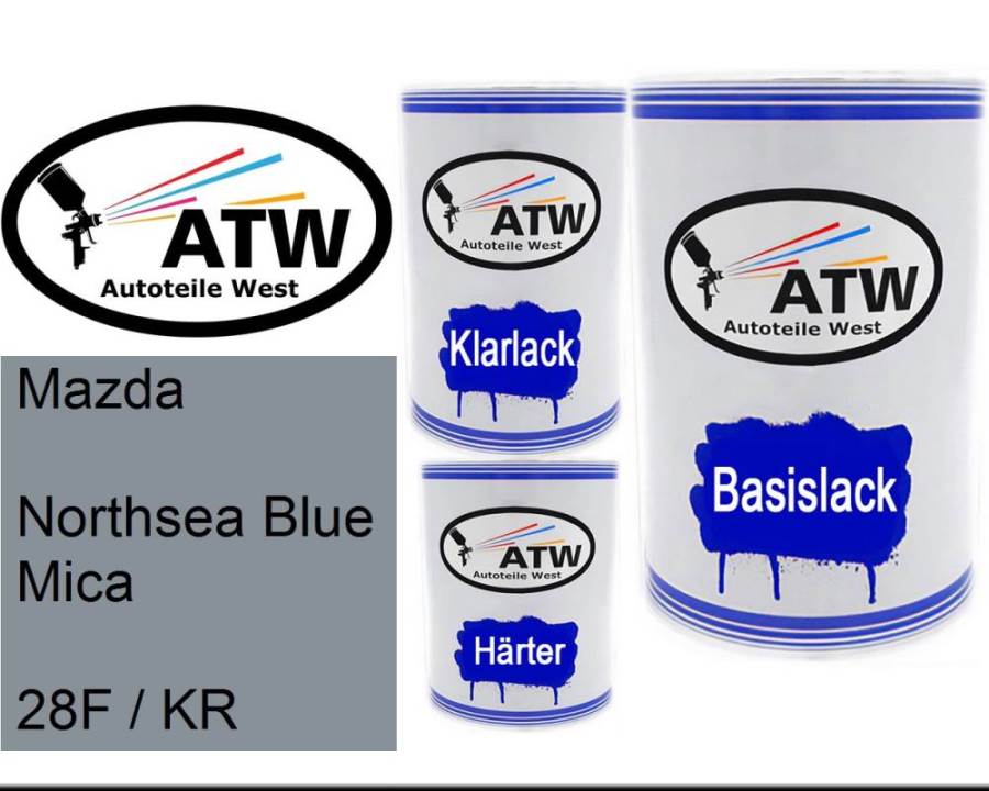Mazda, Northsea Blue Mica, 28F / KR: 500ml Lackdose + 500ml Klarlack + 250ml Härter - Set, von ATW Autoteile West.